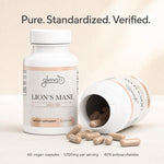 A white bottle of Glenari Lion's Mane dietary supplement with one tipped-over bottle and scattered beige capsules on a light beige background. Text above reads 'Pure. Standardized. Verified.'