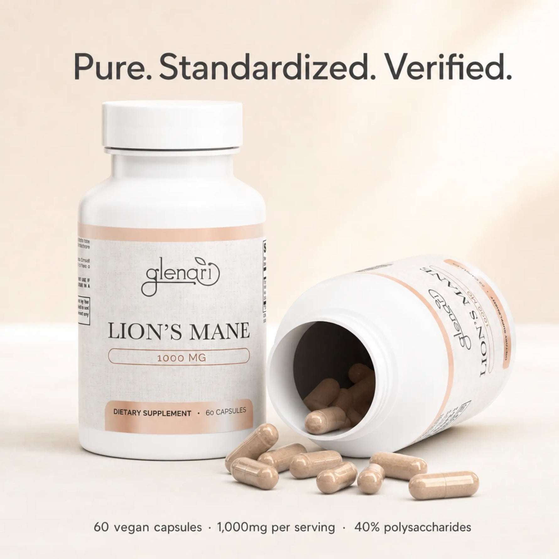 A white bottle of Glenari Lion's Mane dietary supplement with one tipped-over bottle and scattered beige capsules on a light beige background. Text above reads 'Pure. Standardized. Verified.'