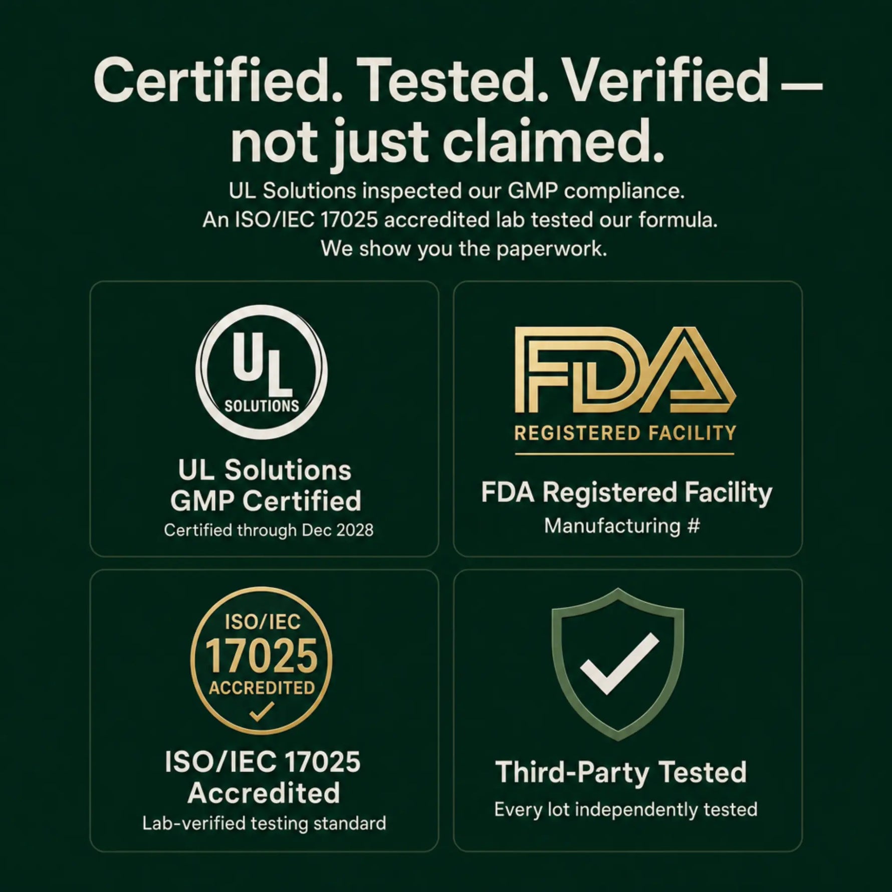 A dark green promotional graphic with white and gold text and four certification logos: UL Solutions GMP Certified, FDA Registered Facility, ISO/IEC 17025 Accredited, and Third-Party Tested.