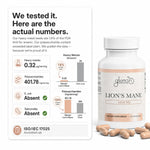 A bottle of Glenari Lion's Mane 1000 MG dietary supplement capsules shown next to a white information card displaying tested heavy metal and polysaccharide levels, with several tan capsules scattered in front on a white background.