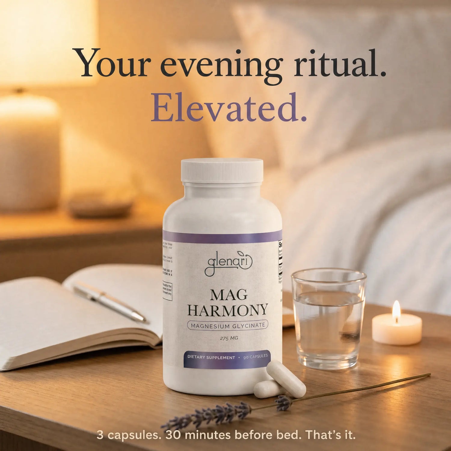 A bottle of Glenari Mag Harmony dietary supplement is displayed on a wooden bedside table with a glass of water, a candle, an open book, and lavender, under the text 'Your evening ritual. Elevated.