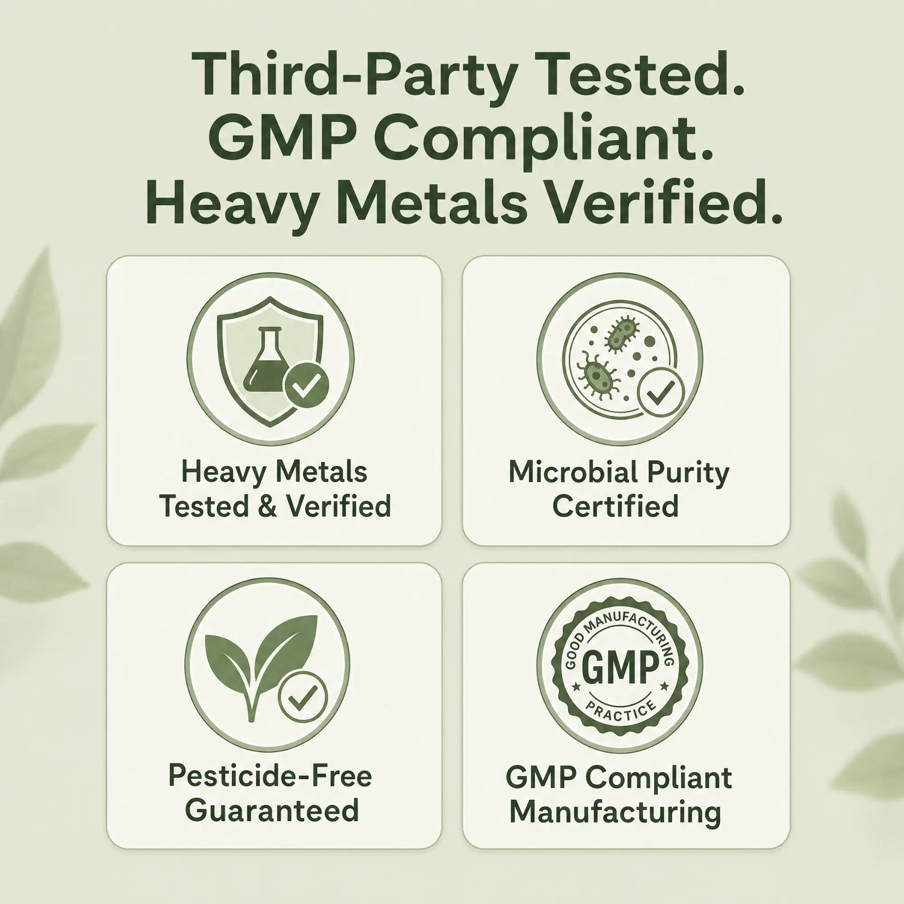 Promotional graphic with the text 'Third-Party Tested. GMP Compliant. Heavy Metals Verified.'