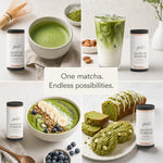 A collage showing matcha powder products and matcha-based foods on a light neutral background. Four matcha powder jars labeled 'glance' are visible, alongside a bowl of green matcha drink, an iced matcha latte, a matcha smoothie with fruit, matcha cookies, and matcha bread.