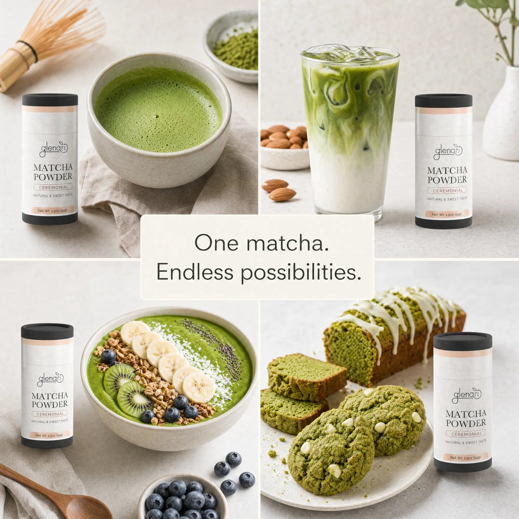 A collage showing matcha powder products and matcha-based foods on a light neutral background. Four matcha powder jars labeled 'glance' are visible, alongside a bowl of green matcha drink, an iced matcha latte, a matcha smoothie with fruit, matcha cookies, and matcha bread.