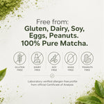 A clean promotional graphic for matcha powder on a white background. Large dark green text reads 'Free from: Gluten, Dairy, Soy, Eggs, Peanuts. 100% Pure Matcha.'