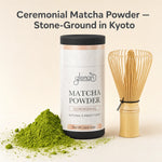 Glenari ceremonial matcha powder in a white cylindrical container with a black lid, shown beside a bamboo whisk and a small pile of bright green matcha powder on a warm beige background. Text at the top reads 'Ceremonial Matcha Powder — Stone-Ground in Kyoto'.