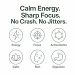 A promotional graphic with the text 'Calm Energy. Sharp Focus.