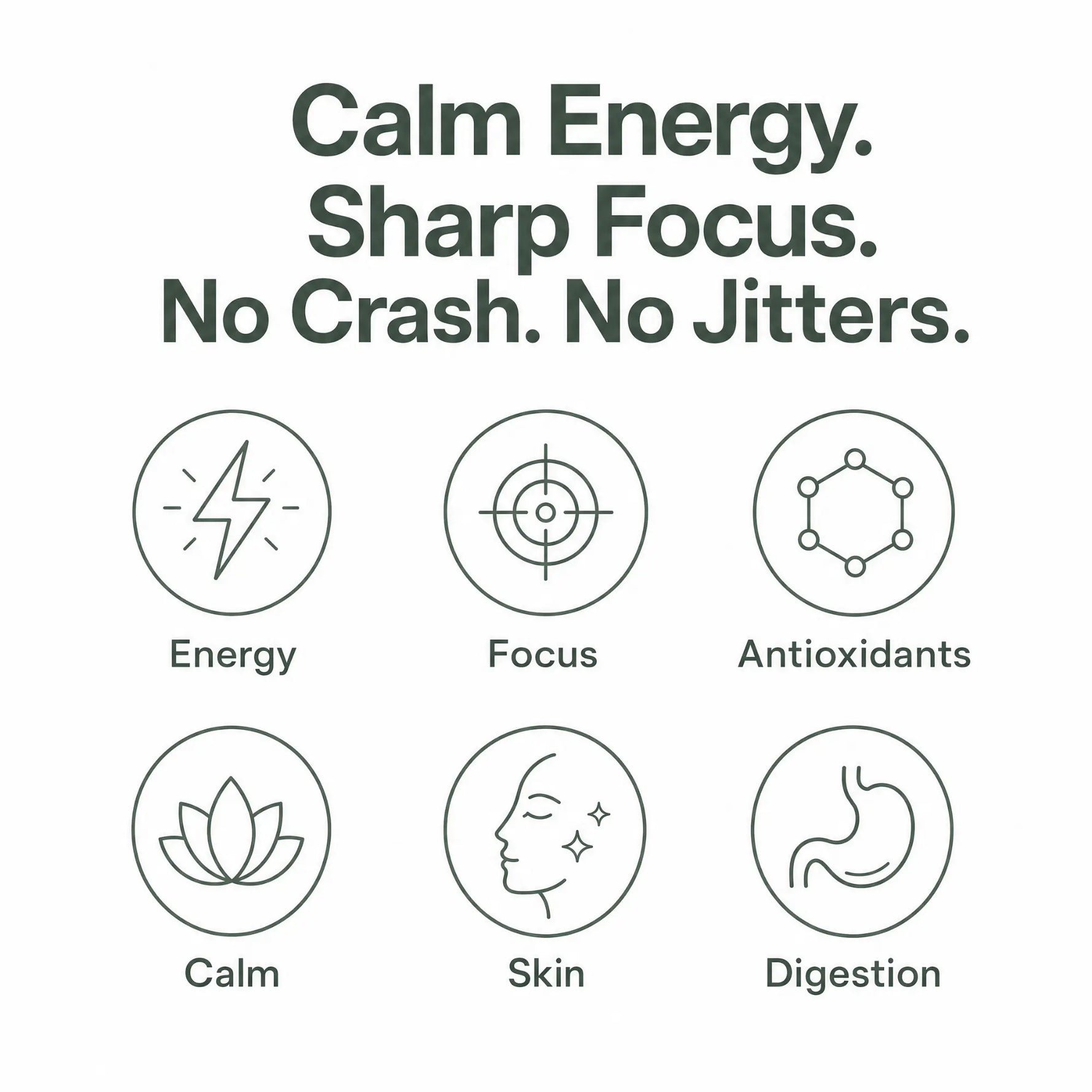 A promotional graphic with the text 'Calm Energy. Sharp Focus.