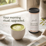A bottle of Glenari ceremonial matcha powder stands on a marble surface beside a cup of green matcha latte with leaf art foam, with text reading 'Your morning ritual, upgraded.' in a softly lit kitchen setting.