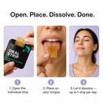 Instruction graphic for oral strip dissolving steps: 1) A hand holds an open black packet labeled 'ORAL STRIP' with a strip partially visible, 2) A close-up shows a person placing a square strip on their tongue, and 3) A woman lies down with her eyes closed as the strip dissolves. Text at the top reads 'Open.