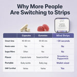 An infographic comparing capsules and gummies with 'Mind Strips' on a light lavender background. It features a comparison table detailing attributes like onset time, water requirement, sugar/fillers, and portability, alongside small visual representations of white capsules, pink gummies, and a silver tin of Mind Strips.
