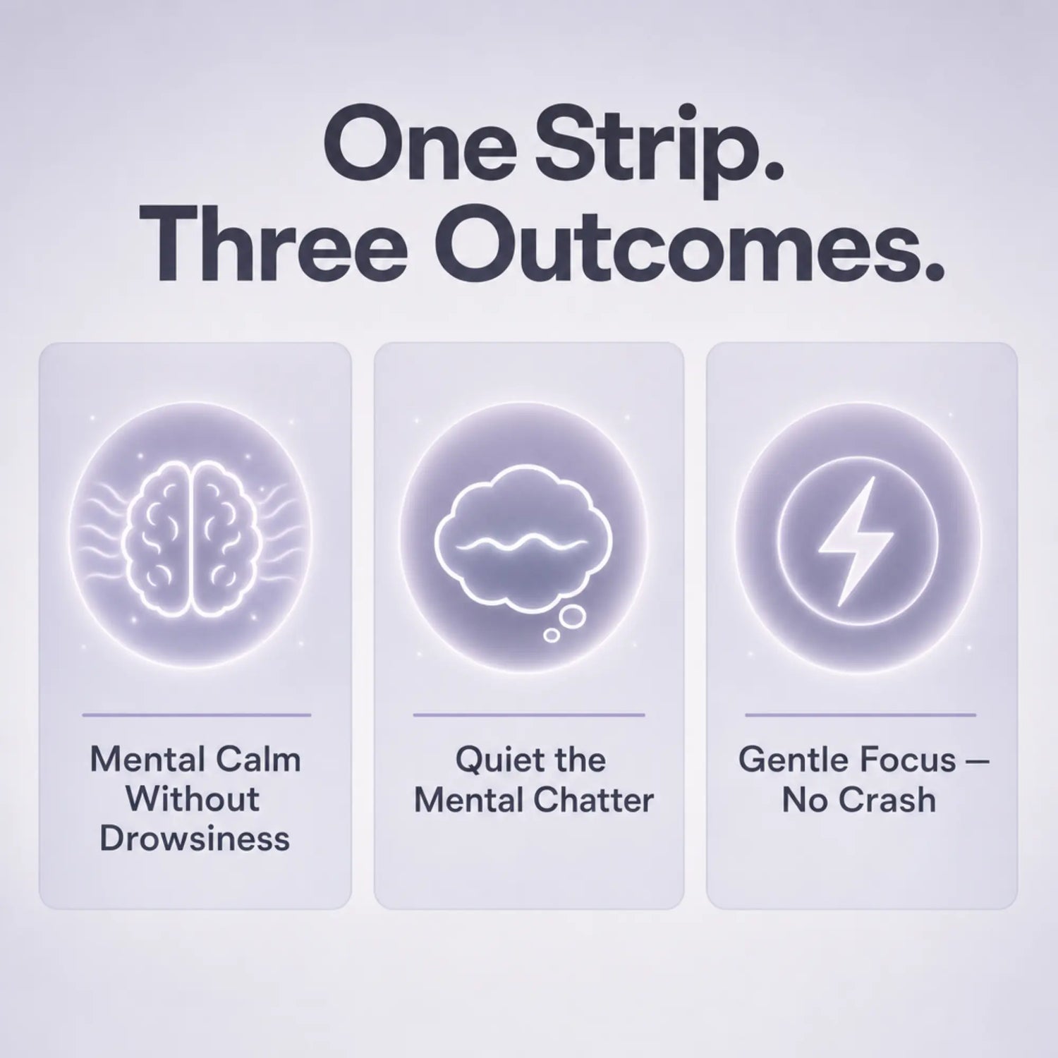 Promotional graphic for a one-strip mental clarity product, showing three outcome cards: 'Mental Calm Without Drowsiness,' 'Quiet the Mental Chatter,' and 'Gentle Focus — No Crash.'.