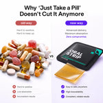 Promotional comparison graphic for oral strip pills versus loose capsules. The left side shows a pile of assorted pills and capsules with text calling out drawbacks like hard swallowing and low absorption.