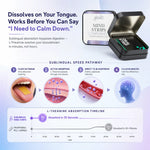 An infographic-style product presentation for Mind Strips L-Theanine calming strips, showing the product tin and box, a black outer box, a usage diagram with mouth and brain illustrations, and an absorption timeline on a pale blue background.