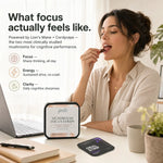 A woman sits at a desk eating mushroom focus strips while a product box and a loose strip are shown on the desk, with marketing text about cognitive benefits on a bright indoor background.