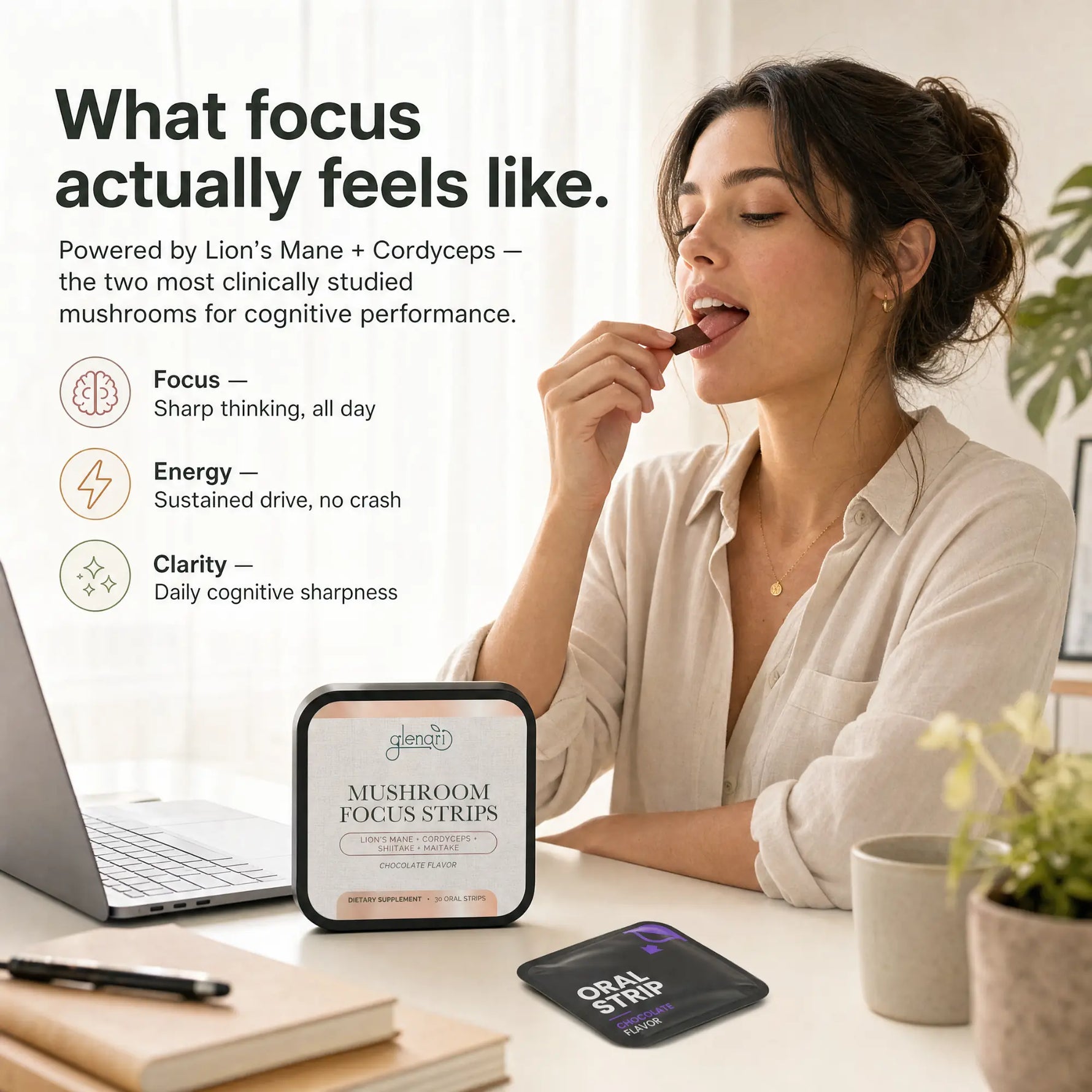 A woman sits at a desk eating mushroom focus strips while a product box and a loose strip are shown on the desk, with marketing text about cognitive benefits on a bright indoor background.