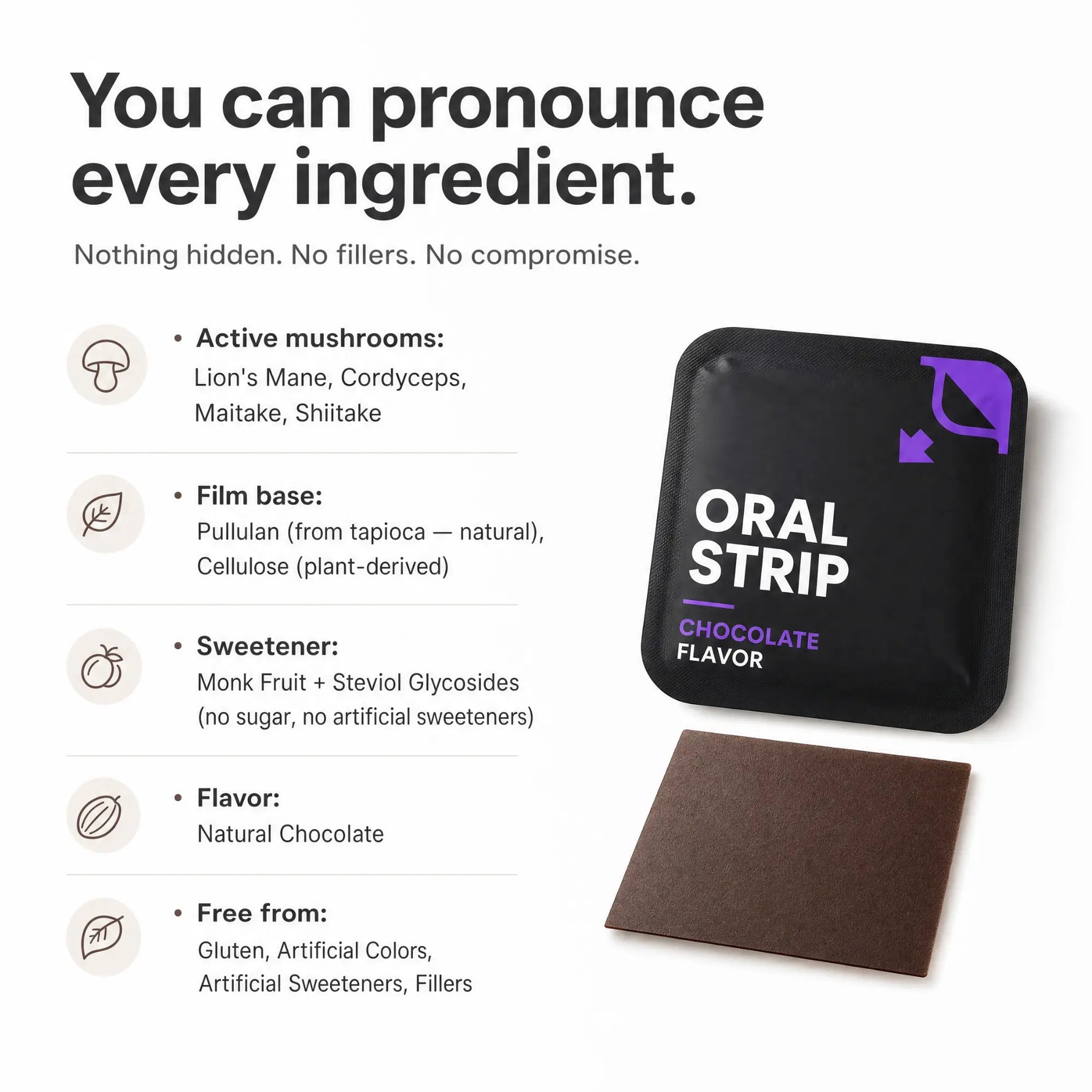 Oral Strip Chocolate Flavor oral strip packaging shown next to a brown square sample, with marketing text listing ingredients and features on a white background.
