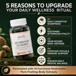 A bottle of Glenari Mushroom Gummies displayed on a dark green background with text highlighting five reasons to upgrade daily wellness rituals. The bottle is shown with its white cap and a label featuring a peach-colored logo and text.