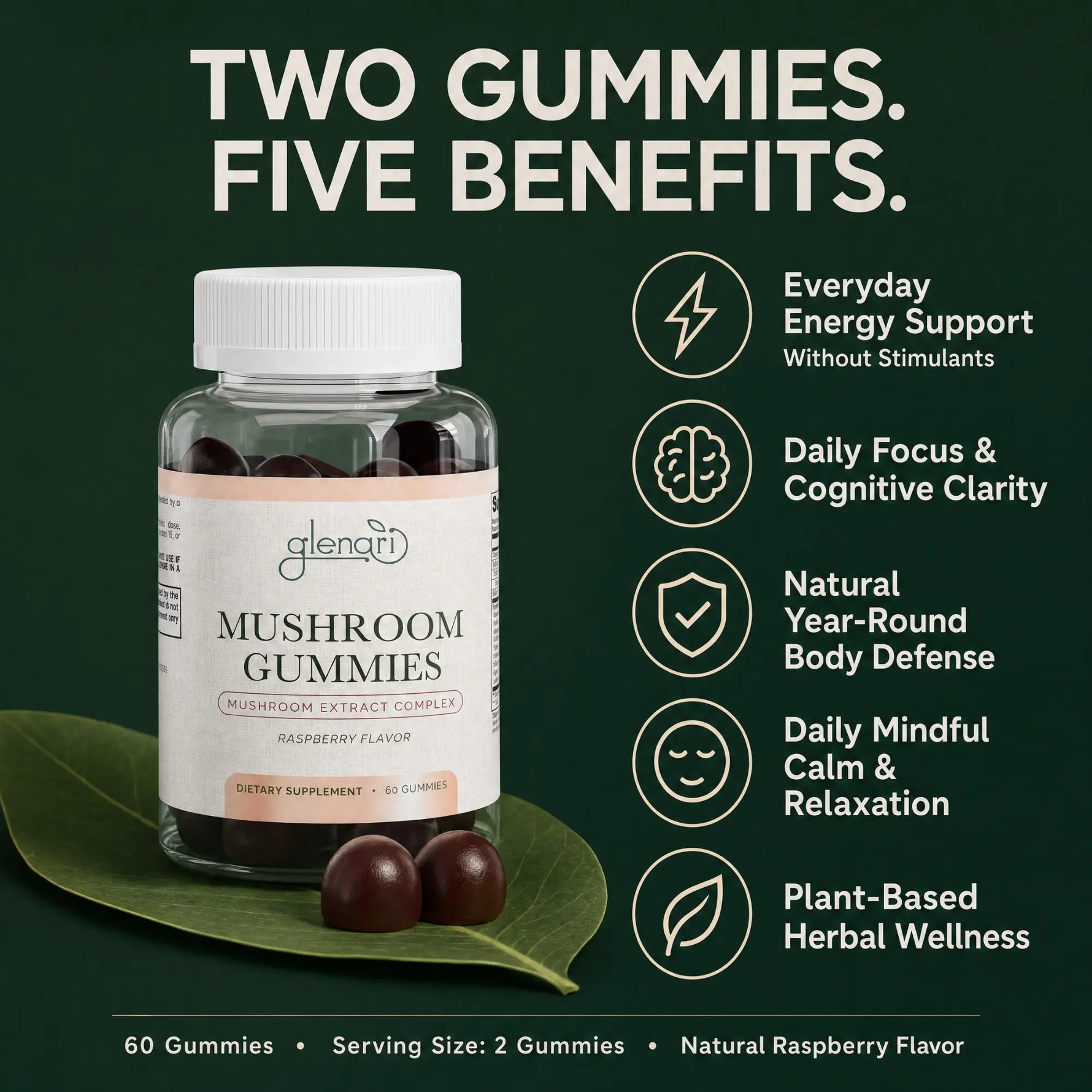 A bottle of Glenari Mushroom Gummies with three gummies on a leaf, set against a dark green background with text outlining five benefits of taking two gummies daily.