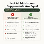 An infographic comparison chart titled 'Not All Mushroom Supplements Are Equal' comparing generic mushroom supplements with Glenari Mushroom Gummies. The chart features a green banner at the top explaining the 10:1 fruiting body ratio, and a two-column table with red 'X' marks for common deficiencies in generic products and green check marks highlighting the benefits of Glenari's extract.