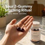 A hand holds two dark berry gummies next to a bottle labeled 'Glenari Mushroom Gummies' on a kitchen counter, with text reading 'Your 2-Gummy Morning Ritual' and 'Raspberry • Natural • Just 2 Daily'.