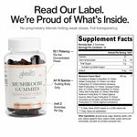 A bottle of Glenari Mushroom Gummies with a white cap and a peach-and-white label, shown next to a large Supplement Facts panel and text reading 'Read Our Label. We're Proud of What's Inside.