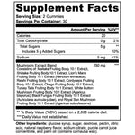 Supplement facts label for gummies with mushroom extract blend on a white background
