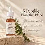 Infographic of Glenari Peptide Hair Serum showcasing the 5-peptide bioactive blend for voluminous-looking hair.