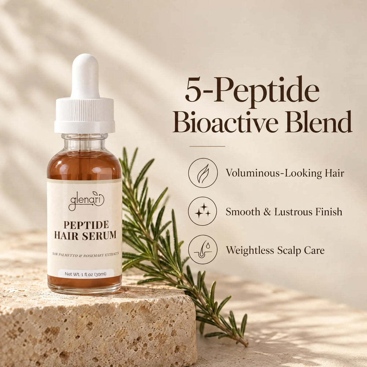 Infographic of Glenari Peptide Hair Serum showcasing the 5-peptide bioactive blend for voluminous-looking hair.