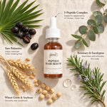 Glenari Peptide Hair Serum ingredients breakdown featuring Saw Palmetto, Rosemary, Eucalyptus, and Wheat Germ.
