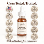 Glenari Peptide Hair Serum product label highlighting 10 clean standards including Made in USA, Vegan, and Sulfate-Free.