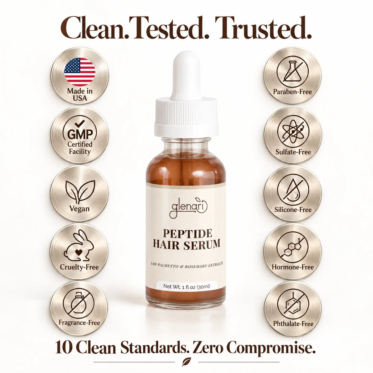 Glenari Peptide Hair Serum product label highlighting 10 clean standards including Made in USA, Vegan, and Sulfate-Free.