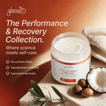 A jar of Glenari Recovery Cream displayed on a stone surface with coconut, almond, olive leaves, and a cloth, alongside promotional text about the Performance & Recovery Collection.