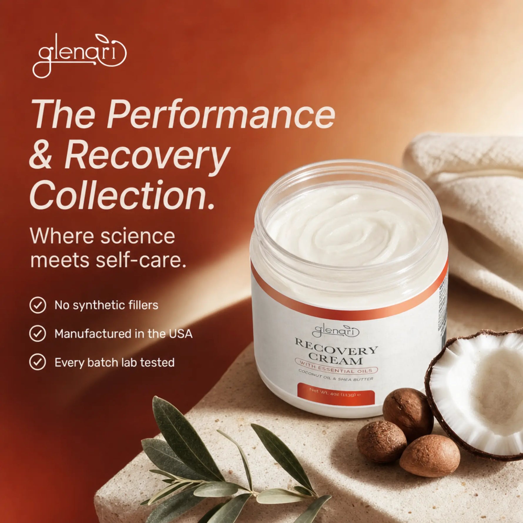 A jar of Glenari Recovery Cream displayed on a stone surface with coconut, almond, olive leaves, and a cloth, alongside promotional text about the Performance & Recovery Collection.