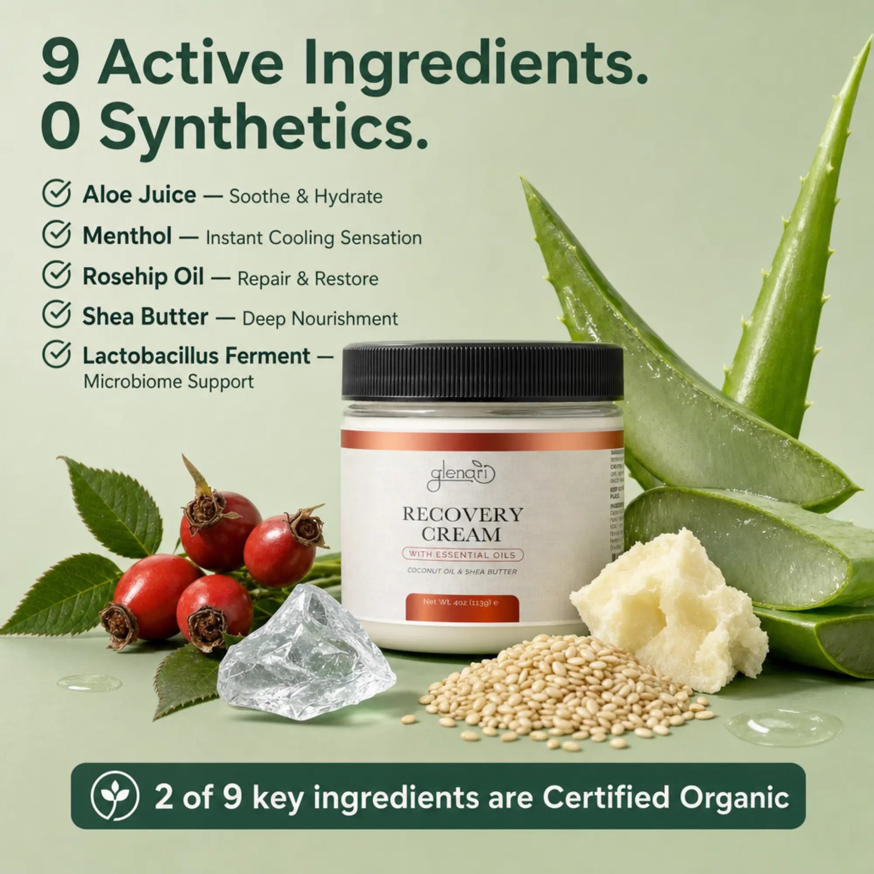 A jar of Glenari Recovery Cream centered on a pale green background with ingredient callouts and photos of aloe vera, rosehips, shea butter, and seeds. Text reads '9 Active Ingredients'