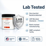 A jar of Glenari Recovery Cream shown beside a large silver shield icon reading LAB TESTED, with marketing text listing lab-tested benefits and badges for Made in USA, GMP Compliant, and Batch Tested.
