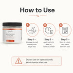 Instruction graphic for a jar of recovery cream showing the product bottle on the left and three usage steps with icons and text on the right, plus a warning label at the bottom.