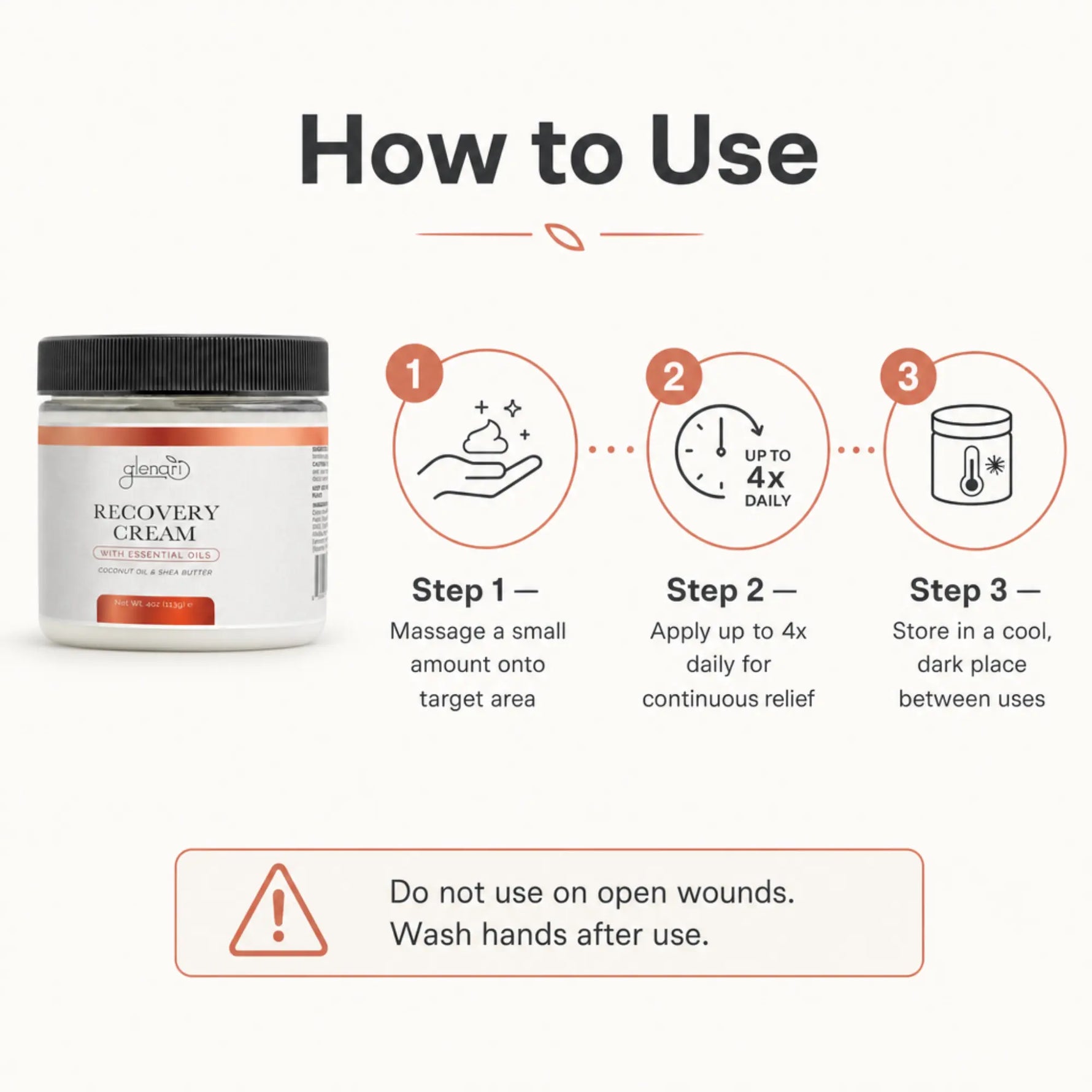 Instruction graphic for a jar of recovery cream showing the product bottle on the left and three usage steps with icons and text on the right, plus a warning label at the bottom.