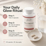A bottle of Glenari Sea Moss dietary supplement with capsules on a small dish, next to a glass of water, on a warm beige background with decorative dried flowers. Text on the left outlines a daily glow ritual: Step 1 take 2 capsules, Step 2 20-30 min before your first meal, Step 3 consistency for 30-day supply.