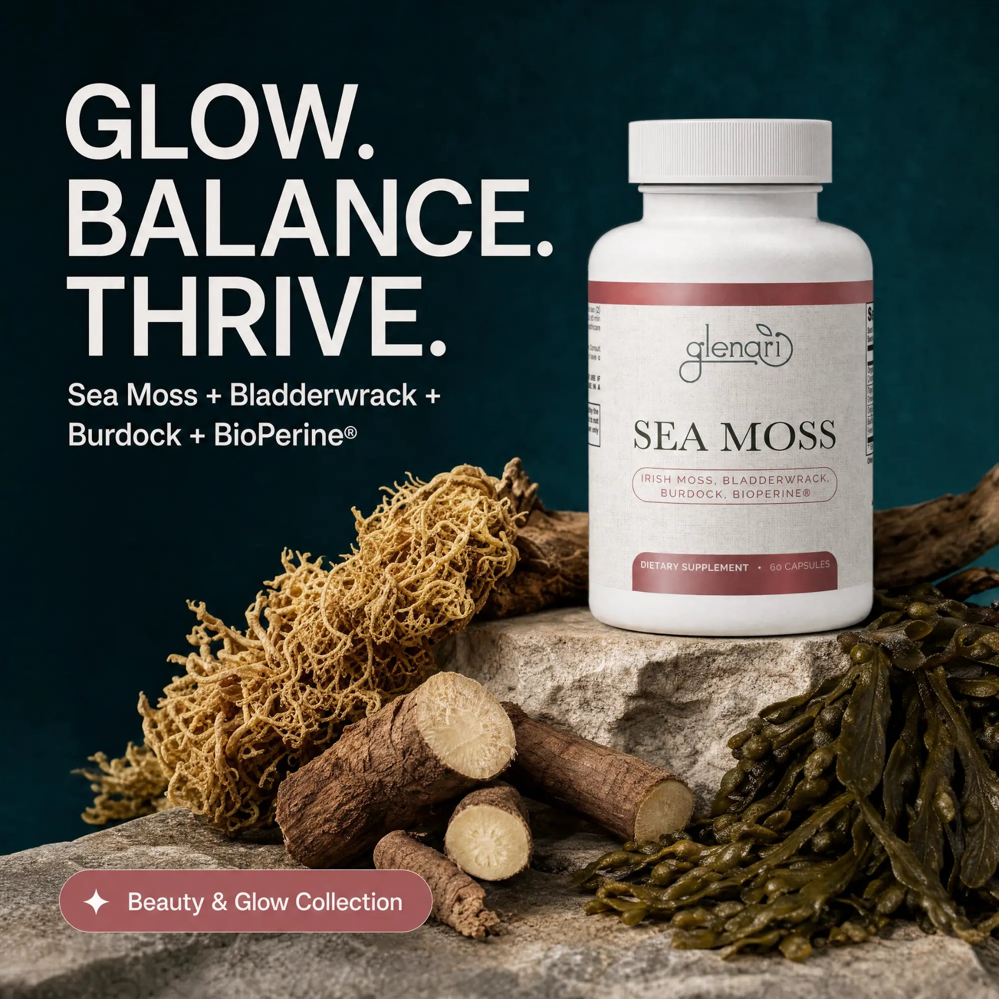 A bottle of Glenari Sea Moss dietary supplement displayed on a stone surface with dried sea moss, roots, and bark props against a dark teal background. Large text on the left reads 'GLOW. BALANCE. THRIVE.'