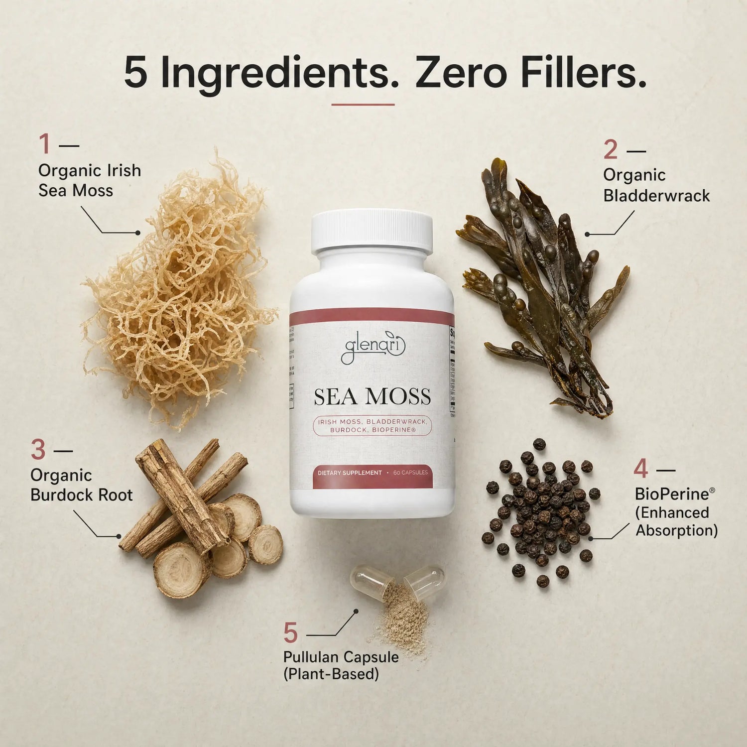 A supplement bottle labeled 'Glenari SEA MOSS' centered on a light beige background, surrounded by five ingredient callouts with text and small photos of the ingredients: organic Irish sea moss, organic bladderwrack, organic burdock root, BioPerine Enhanced Absorption peppercorns, and a pullulan capsule. The headline reads '5 Ingredients. Zero Fillers.'
