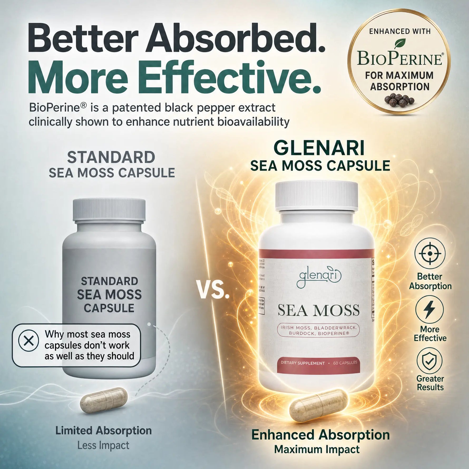 Promotional comparison graphic for sea moss capsules, showing a labeled bottle of Standard Sea Moss Capsule on the left and a glowing labeled bottle of Glenari Sea Moss Capsule on the right. Text highlights better absorption and enhanced bioavailability with a BioPerine badge and feature icons.