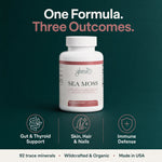 A white bottle of Glenari Sea Moss dietary supplement centered on a dark teal background with marketing text reading 'One Formula. Three Outcomes.'