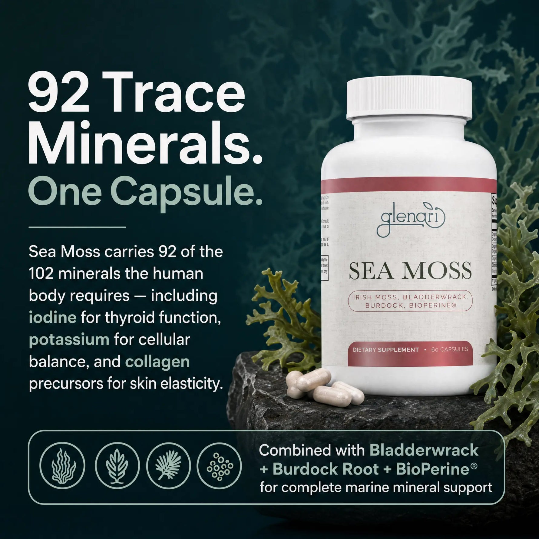 A bottle of Glenari Sea Moss dietary supplement with capsules, set against a dark textured background with promotional text about trace minerals and marine support ingredients.