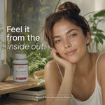 A woman rests her head on her hand in a softly lit indoor setting, with a bottle of Sea Moss dietary supplement placed on a wooden surface beside her. Large text reads, 'Feel it from the inside out.