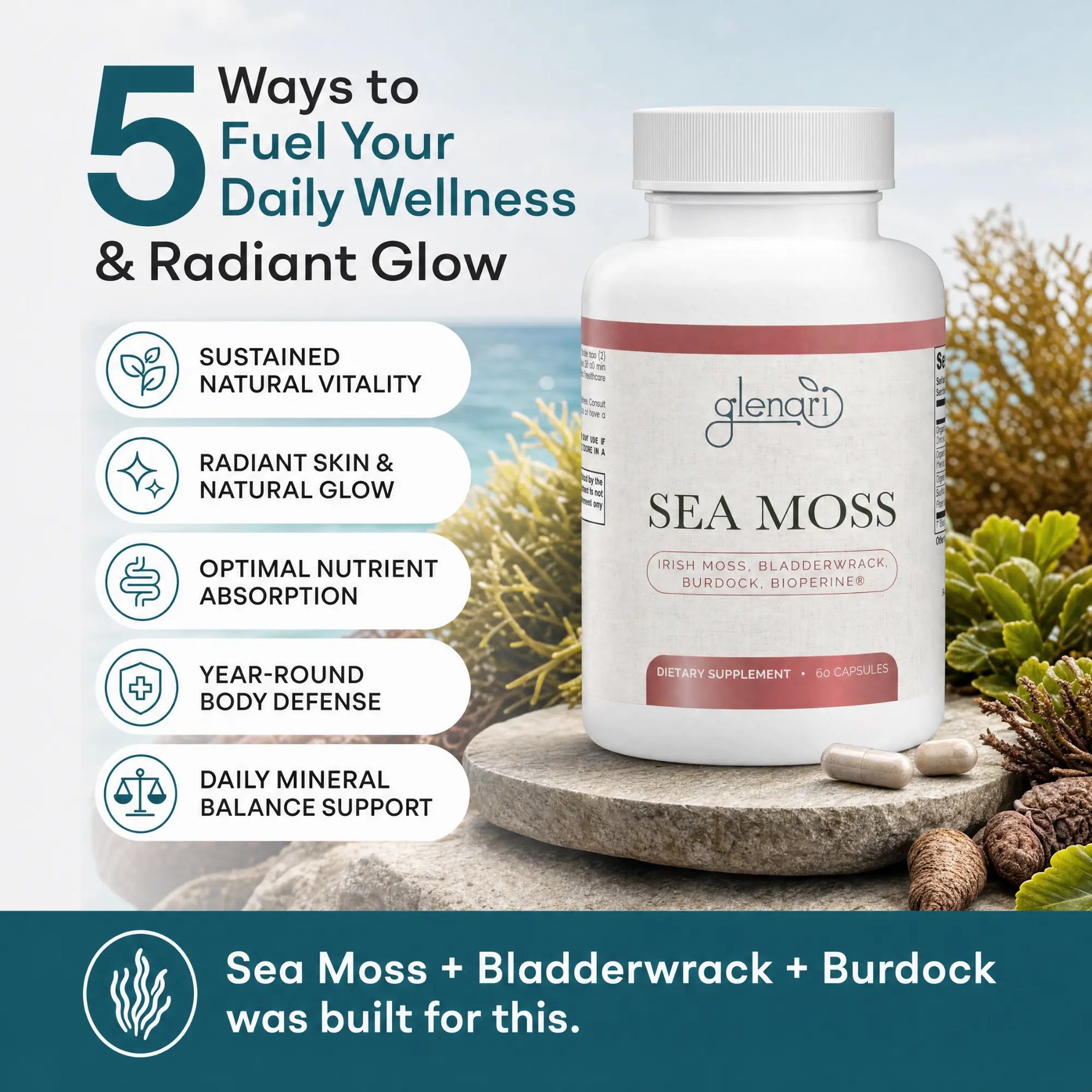 A white bottle of Glenari Sea Moss dietary supplement displayed on a stone slab with sea moss and capsules, set against a blurred beach background. The left side features promotional text reading '5 Ways to Fuel Your Daily Wellness & Radiant Glow' with five benefit callouts.