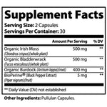 Supplement facts label with ingredients and dosages on a white background