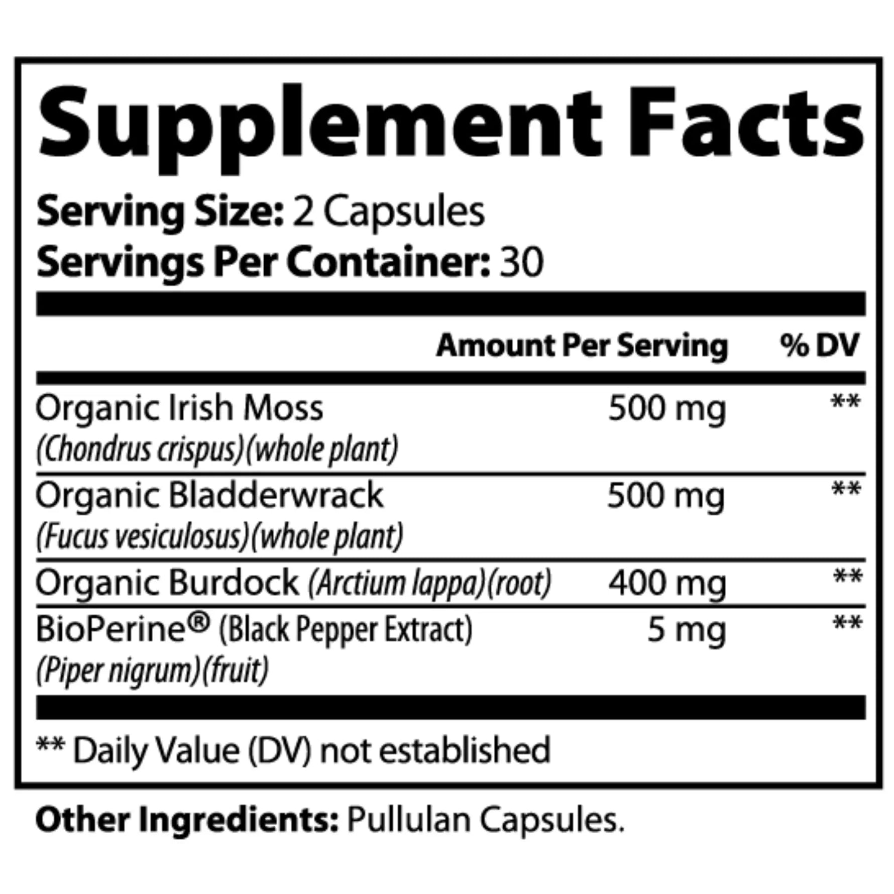 Supplement facts label with ingredients and dosages on a white background