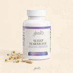 A white bottle of Glenari Sleep Harmony dietary supplement with purple label accents, shown on a warm beige background with two capsules and small dried flowers beside it.