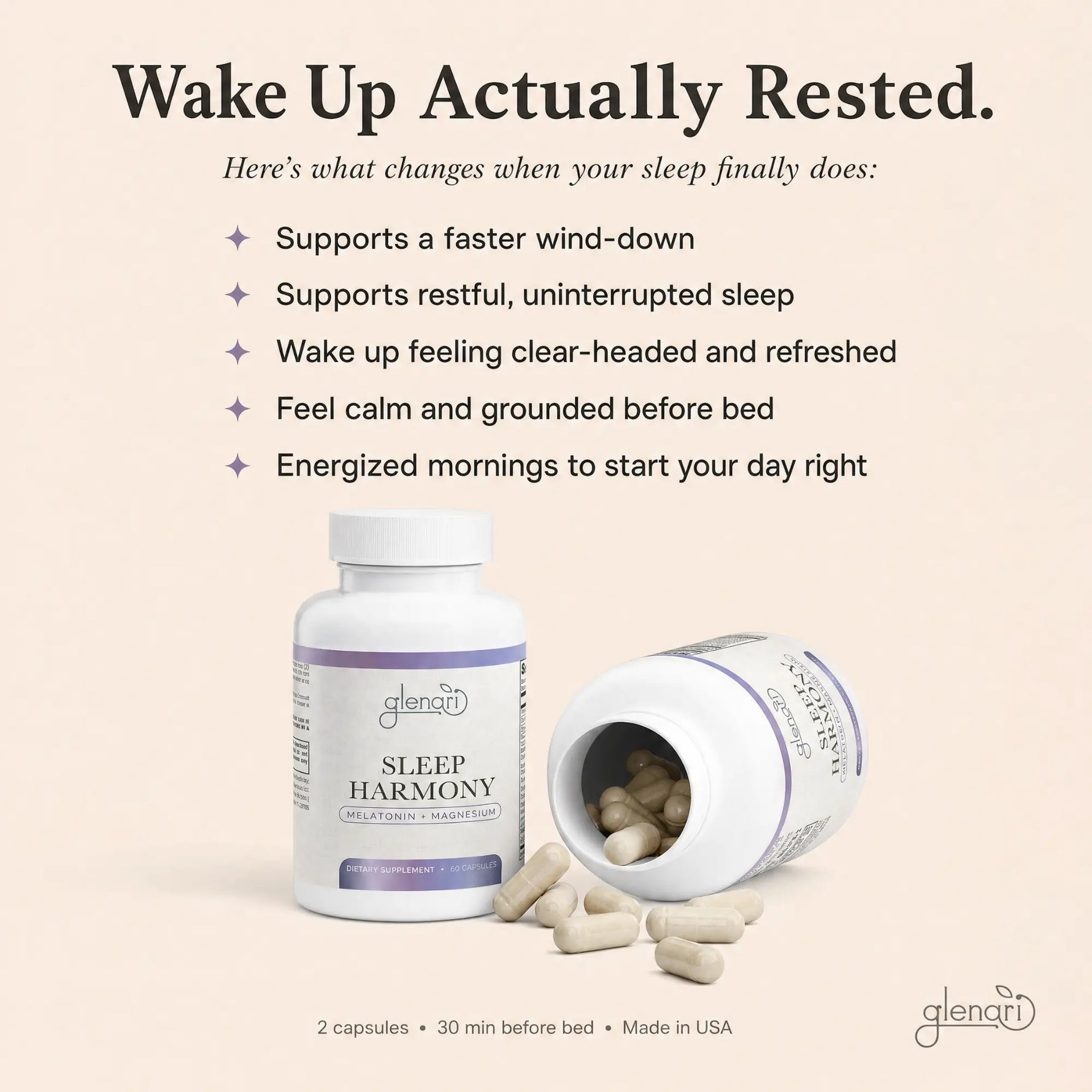 Glenari Sleep Harmony supplement bottle and capsules on a warm beige background with marketing text about sleep benefits.
